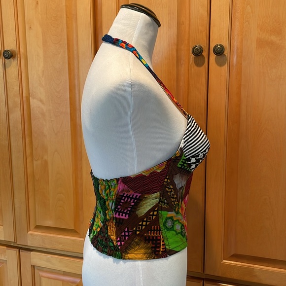 Vintage Vibe Boho Retro Beaded Bold Pattern Sebatu Hand- Print Halter Top Size M - Picture 2 of 11
